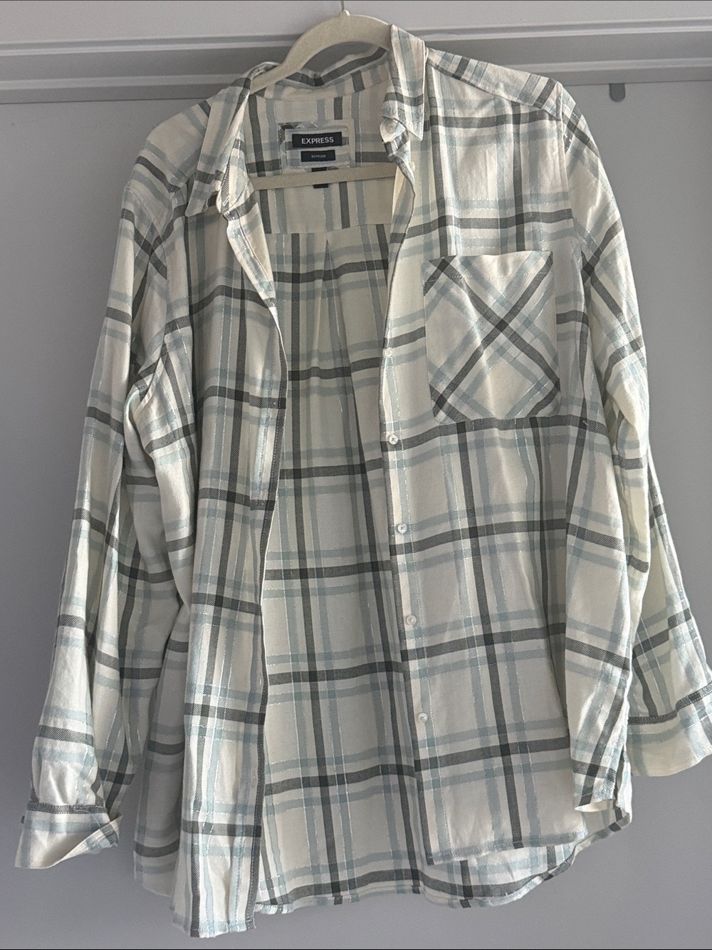 Express Cream Plaid Button-Down Shirt with Gray Stripes